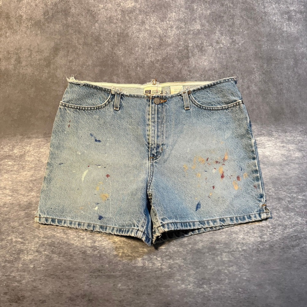 VTG Faded Glory Distressed Denim Shorts Womens 12 Blue Paint Splatter Raw Waist